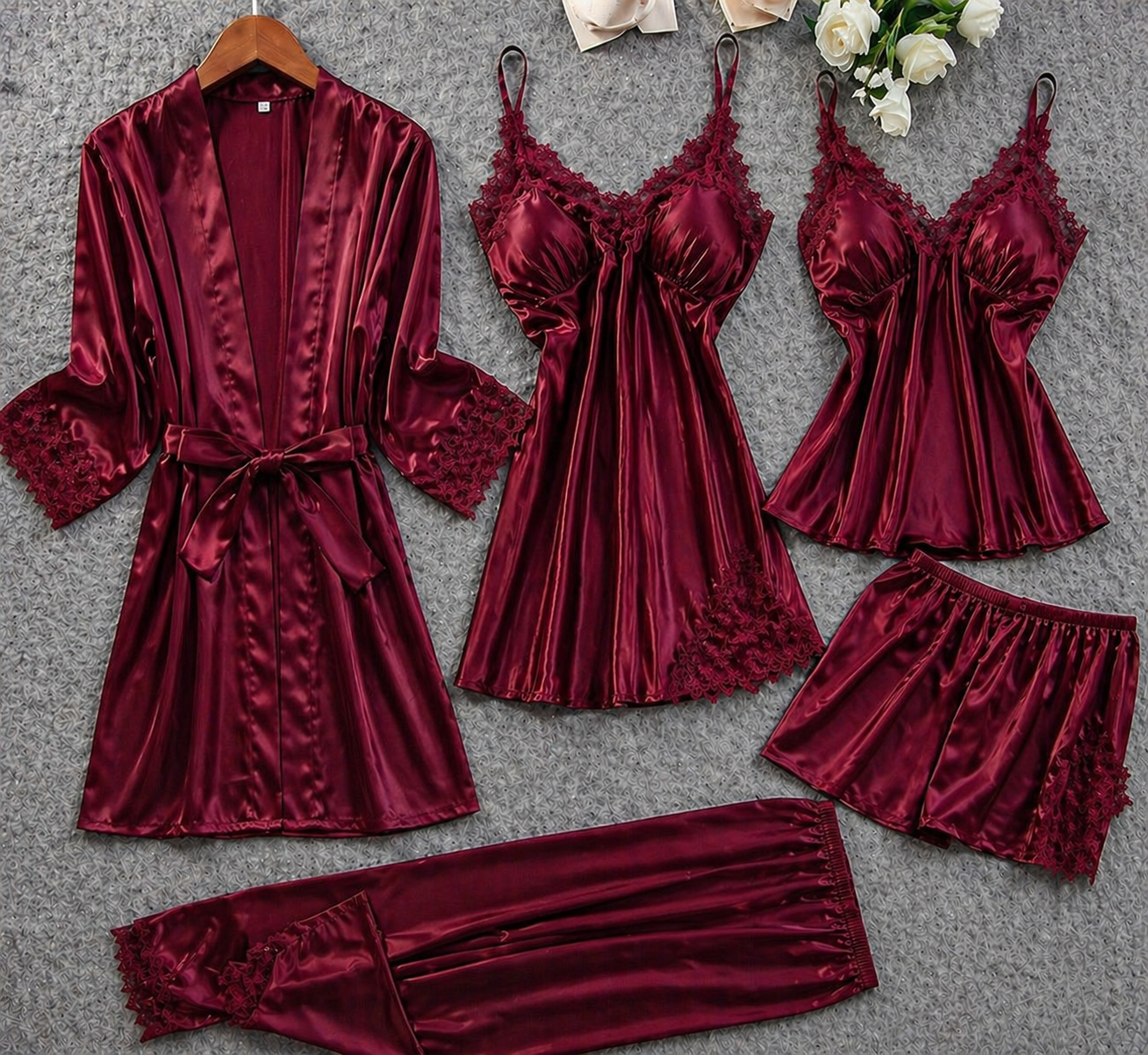 5 Pcs Lace Silk Satin Nightwear