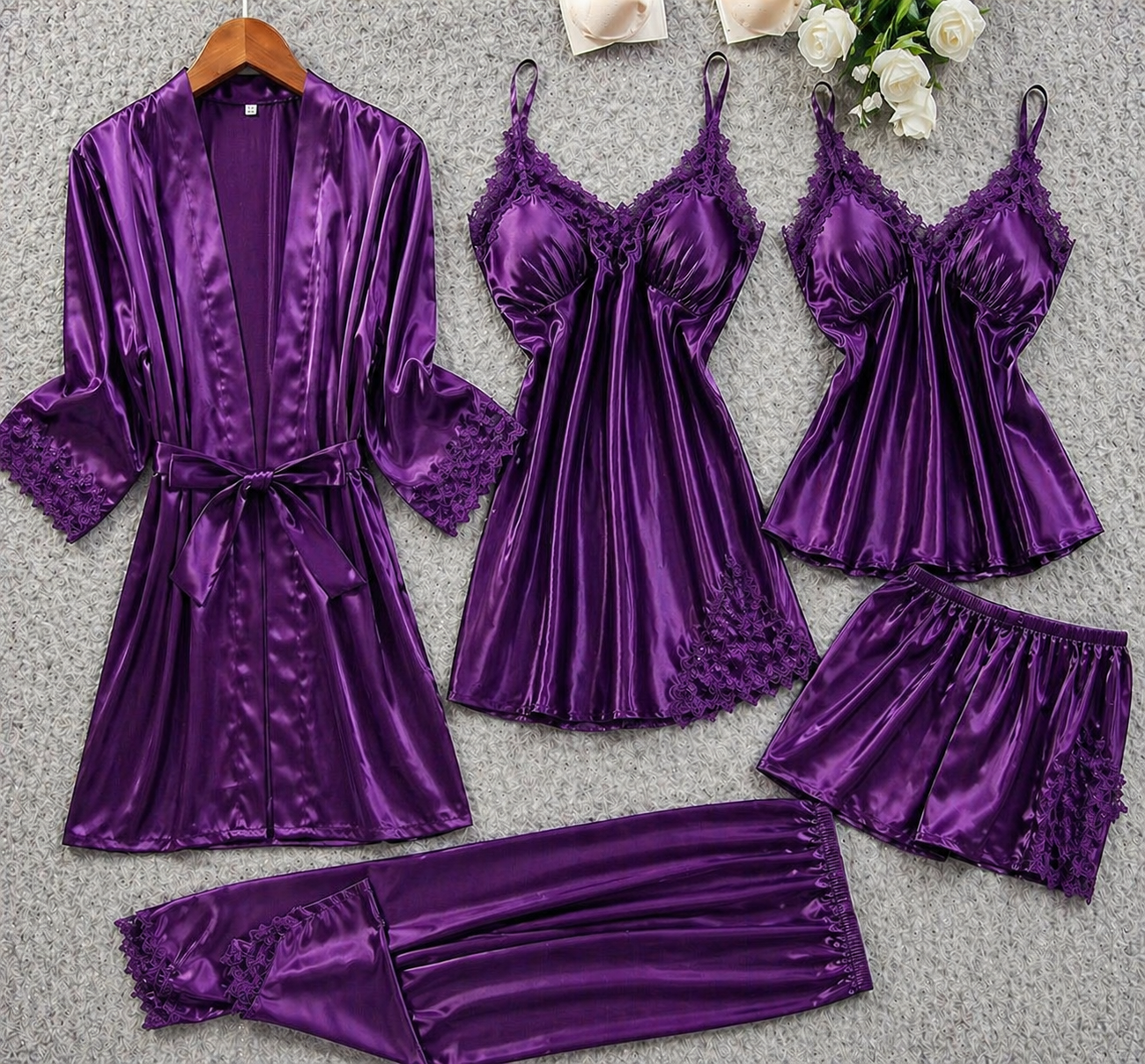 5 Pcs Lace Silk Satin Nightwear