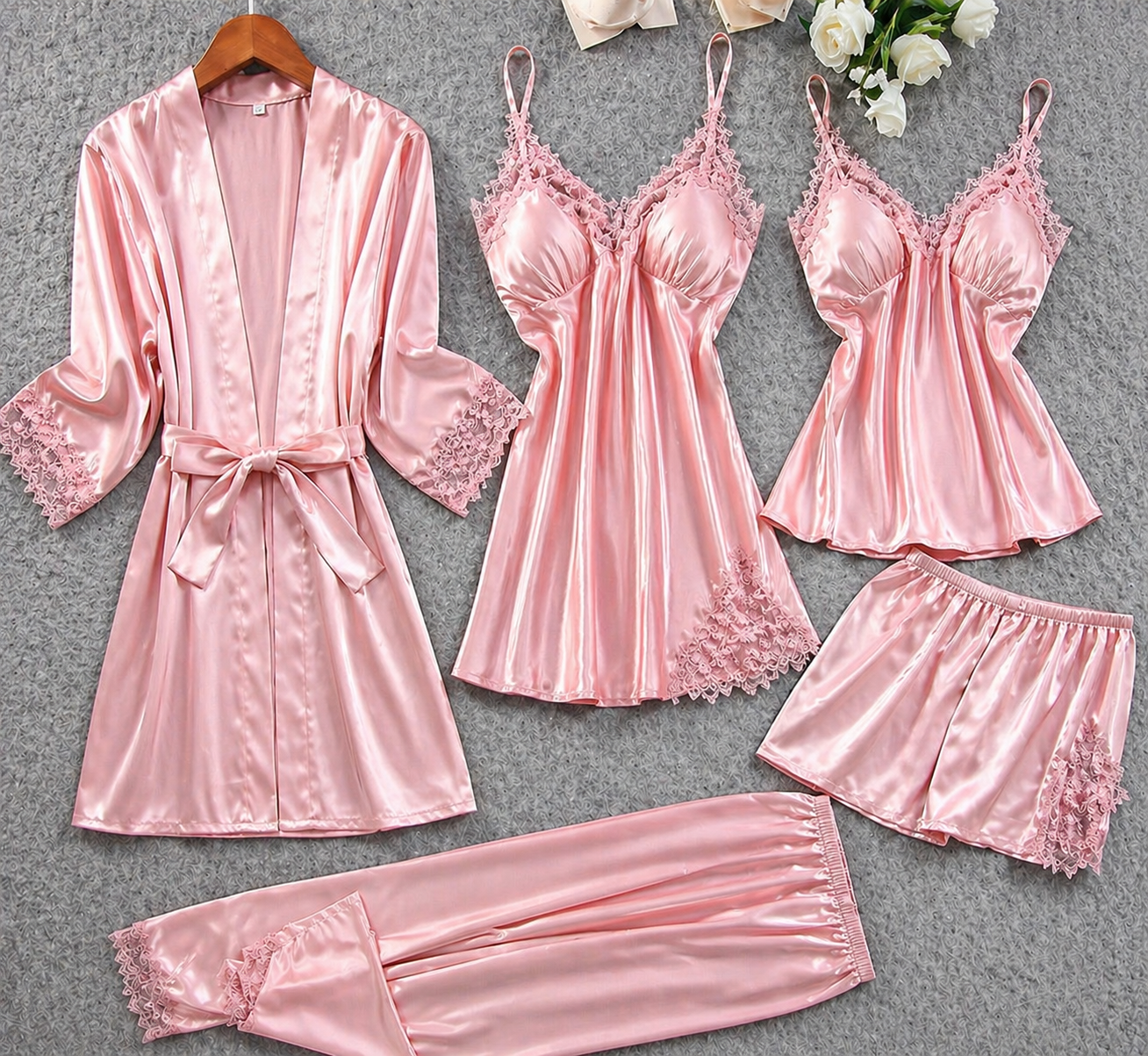 5 Pcs Lace Silk Satin Nightwear