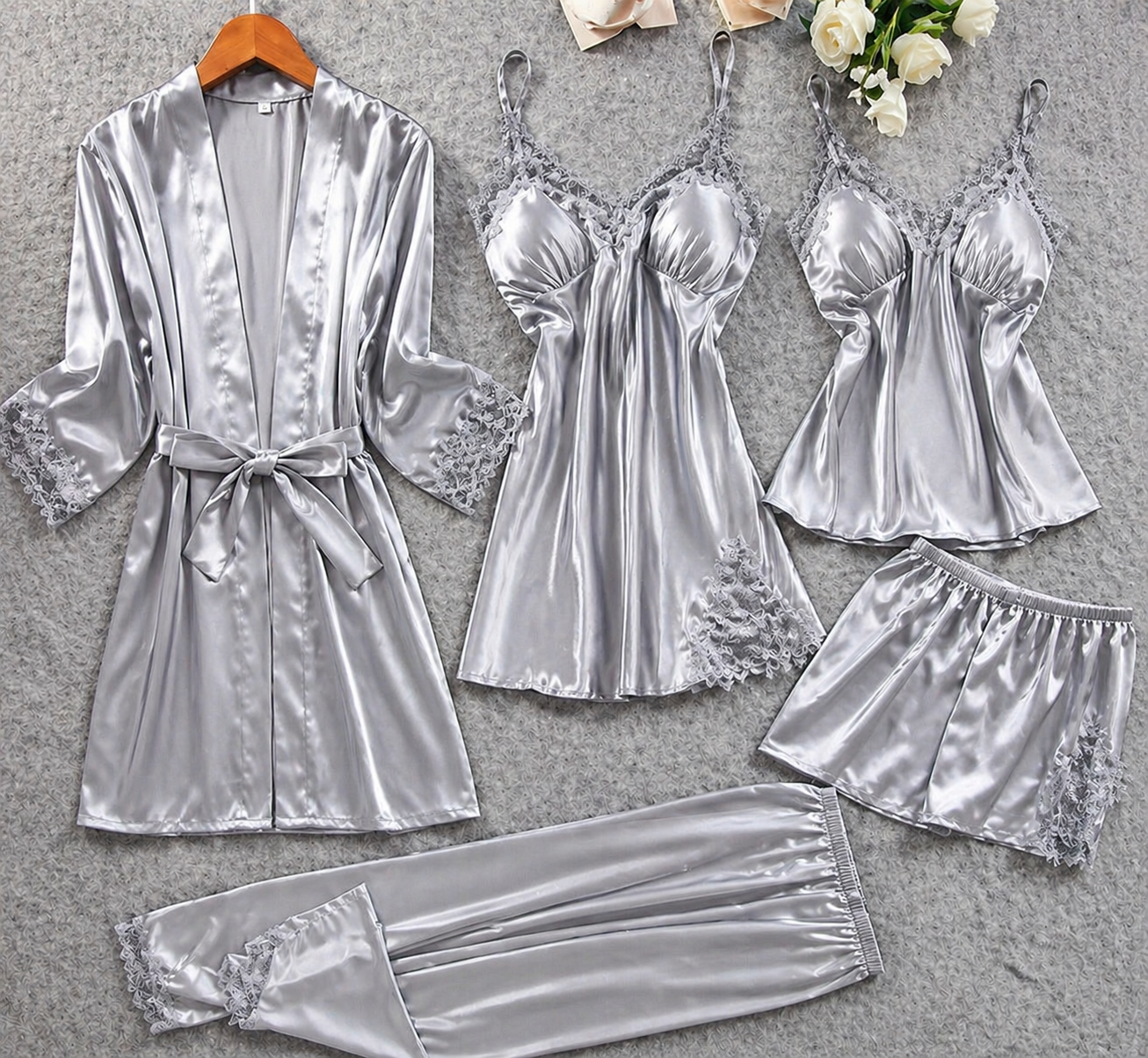 5 Pcs Lace Silk Satin Nightwear