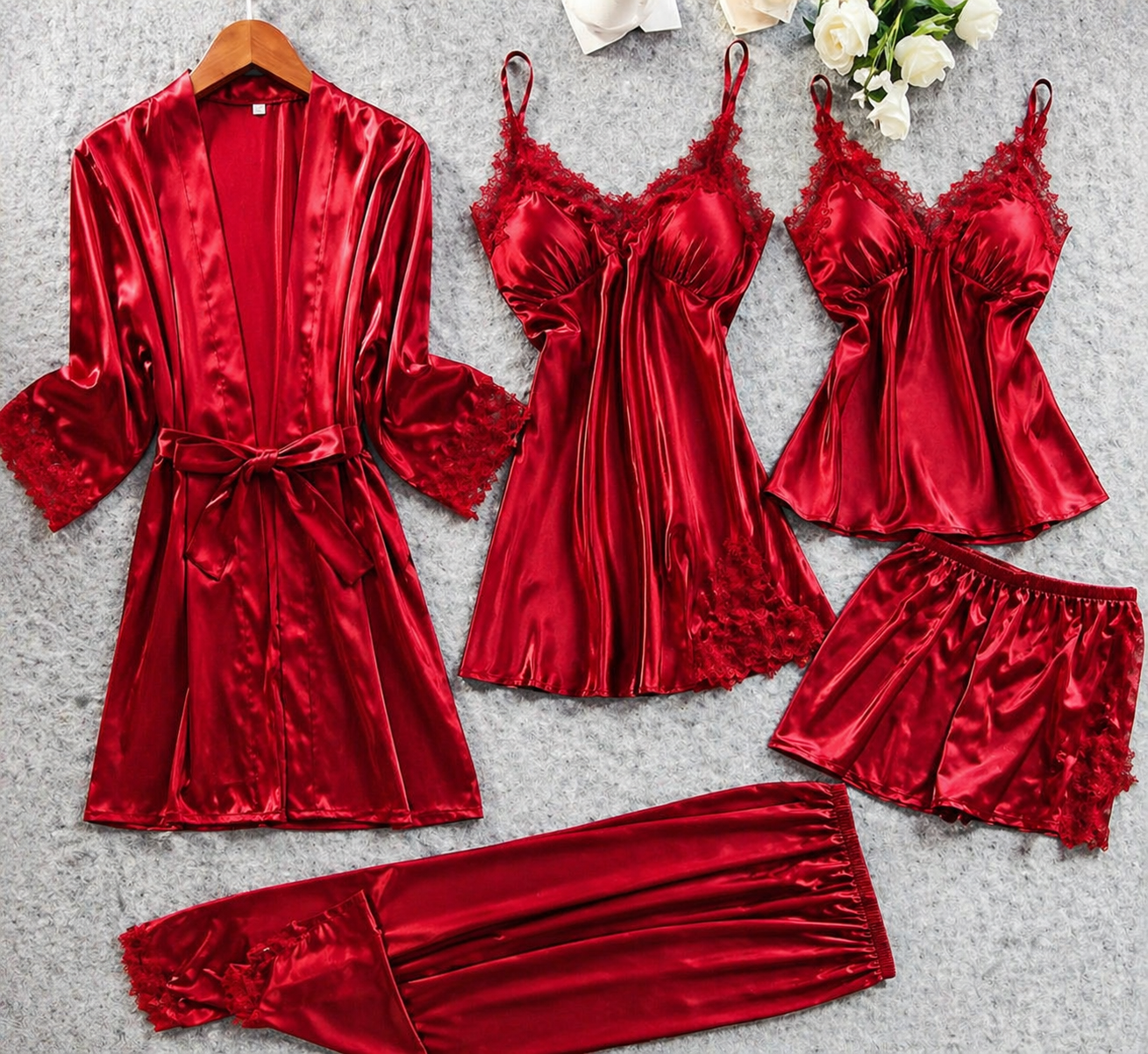 5 Pcs Lace Silk Satin Nightwear