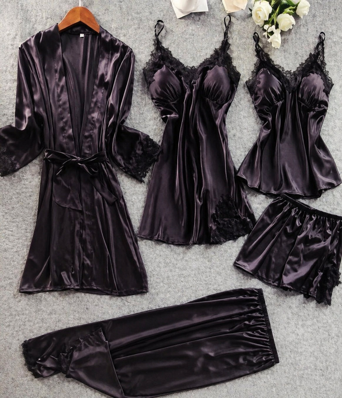 5 Pcs Lace Silk Satin Nightwear