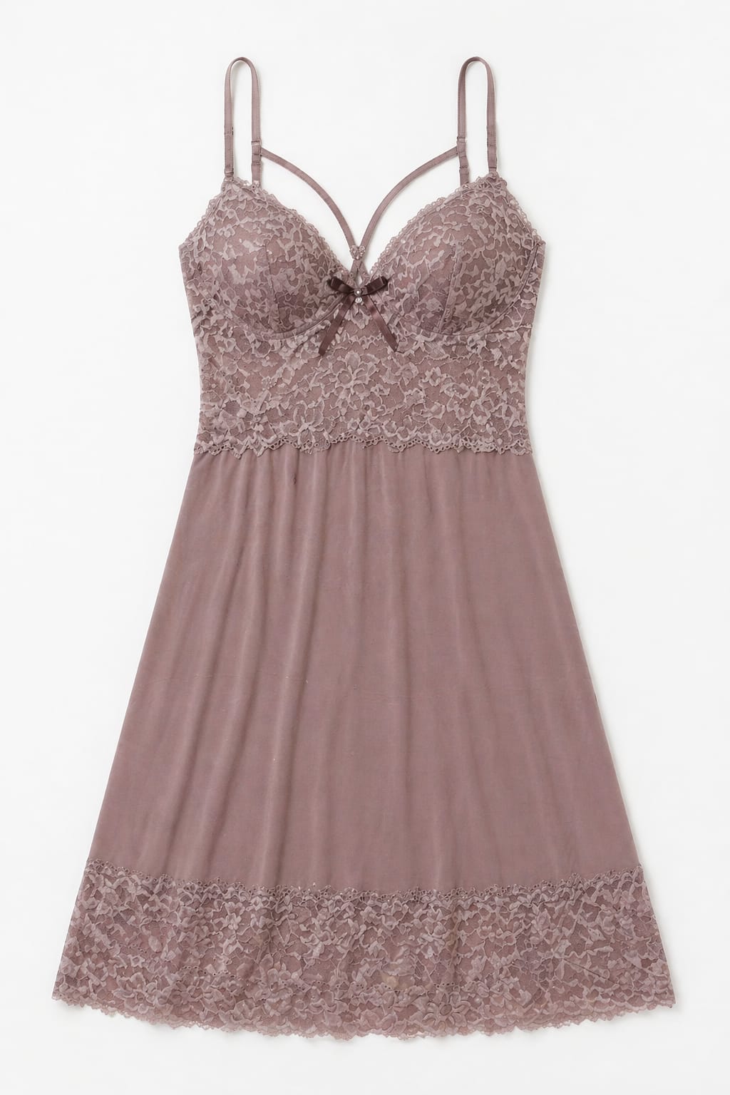 Luxe Lace Satin Nighty – Soft Cup Slip Dress with Elegant Floral Detail (Dusty Rose)