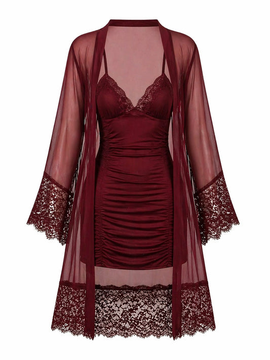 Luxury Lace Satin Nighty – 2-Piece Elegant Sleepwear (Wine Red)