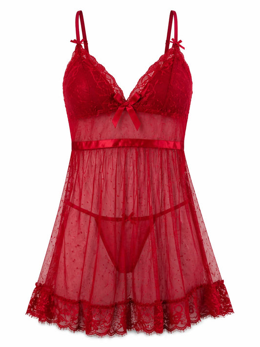 Sheer Lace Babydoll Nighty Set – 2-Piece Transparent Mesh Sleepwear (Bold Red)